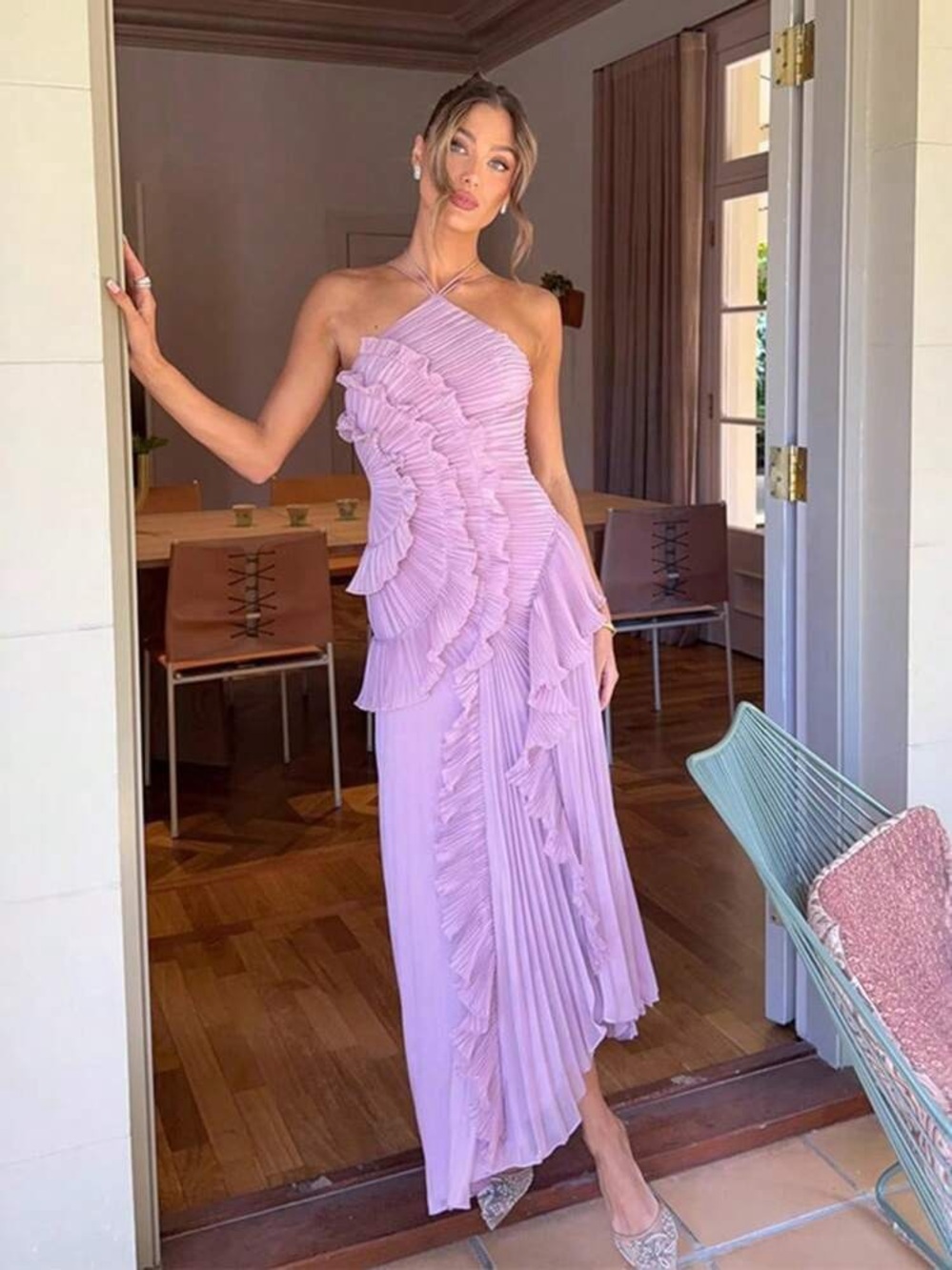 AMUR Lorelie Dupe Purple Ruffle Halter Dress